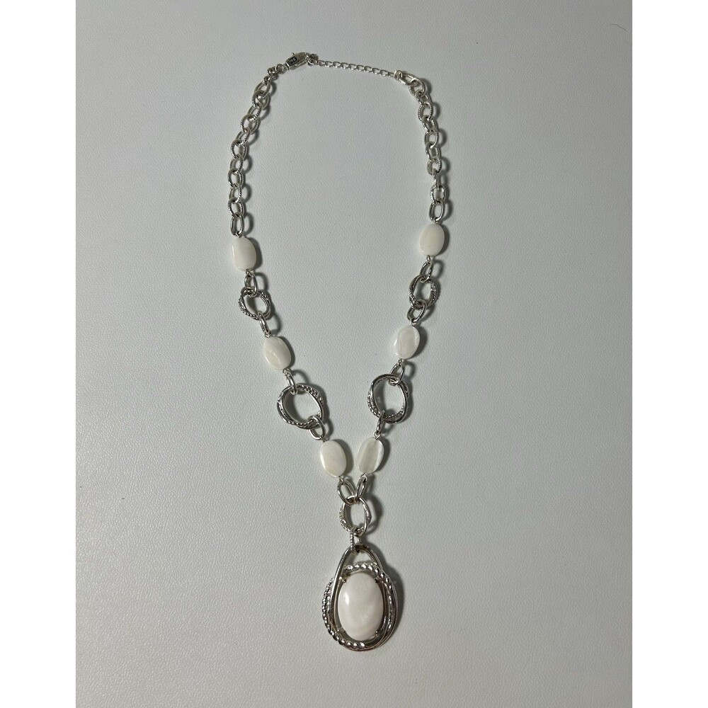 Etienne Aigner Chain Necklace Oval White Pearl Shell Cabochon Pendant